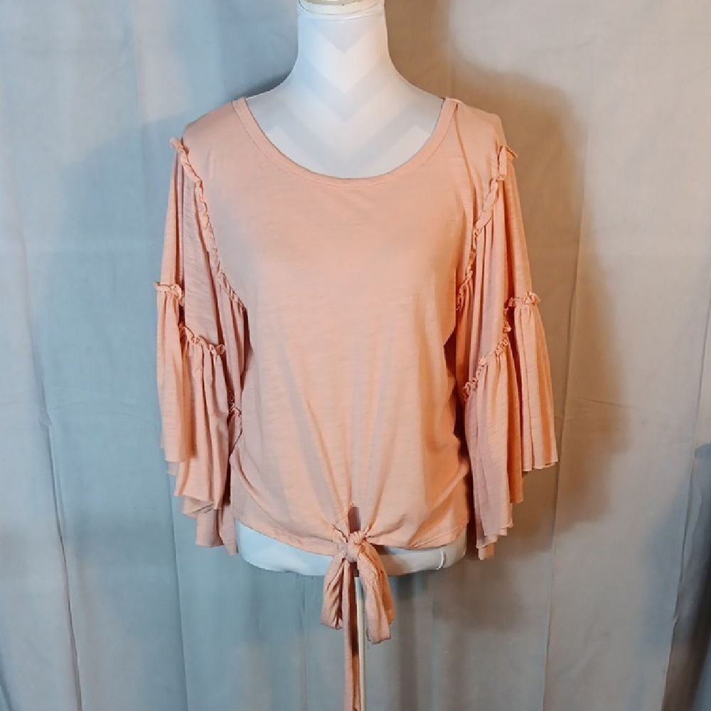 Umgee Peach Ruffle Sleeve Tie-Front Top